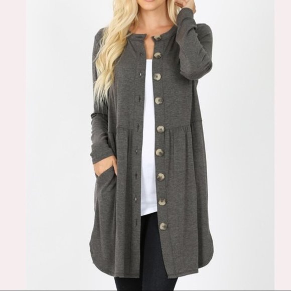Zenana Outfitters Sweaters - Ruffled Cardigan with Buttons - Gray- Various